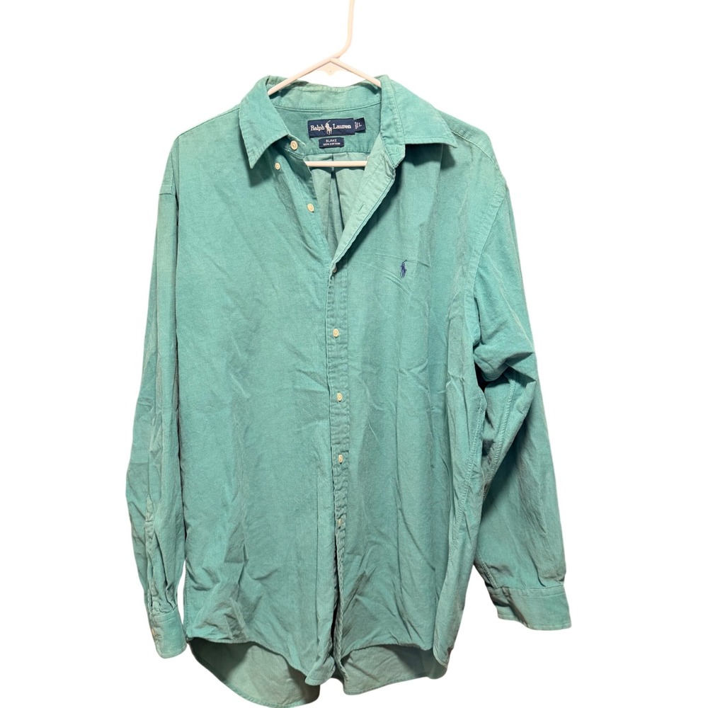 Ralph Lauren Blake Mens Large Teal‎ Green Corduroy Button Down Shirt Long Sleeve